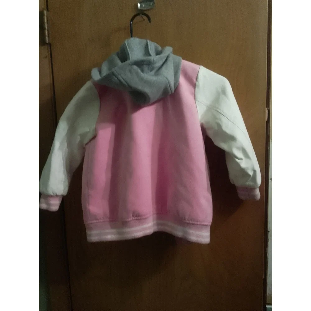 OshKosh B'Gosh Girls Size 6 Pink Varsity Jacket Patches Gray Hood Bomber